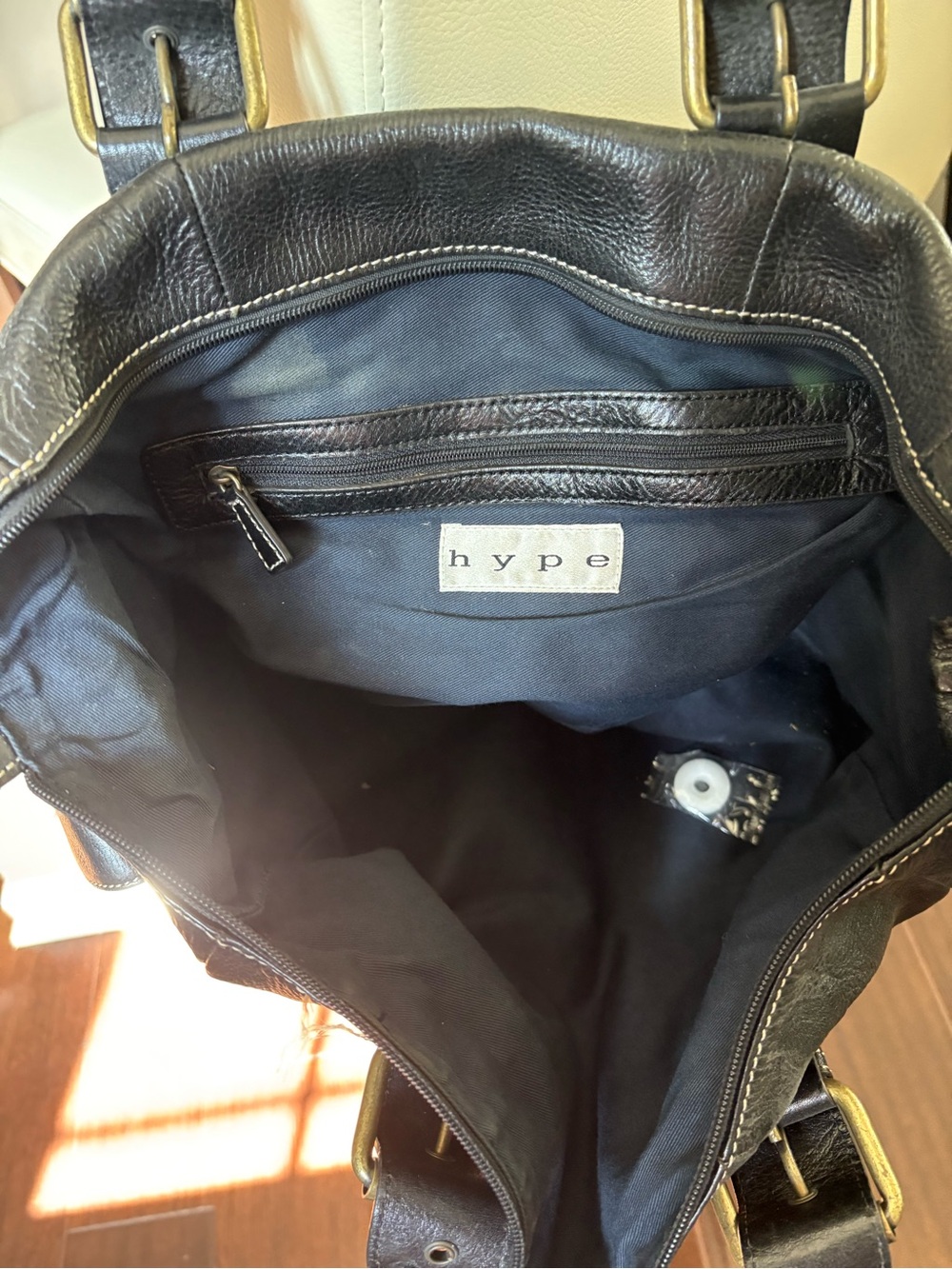 Hype Black Leather Messenger Bag with Brass Hardware
